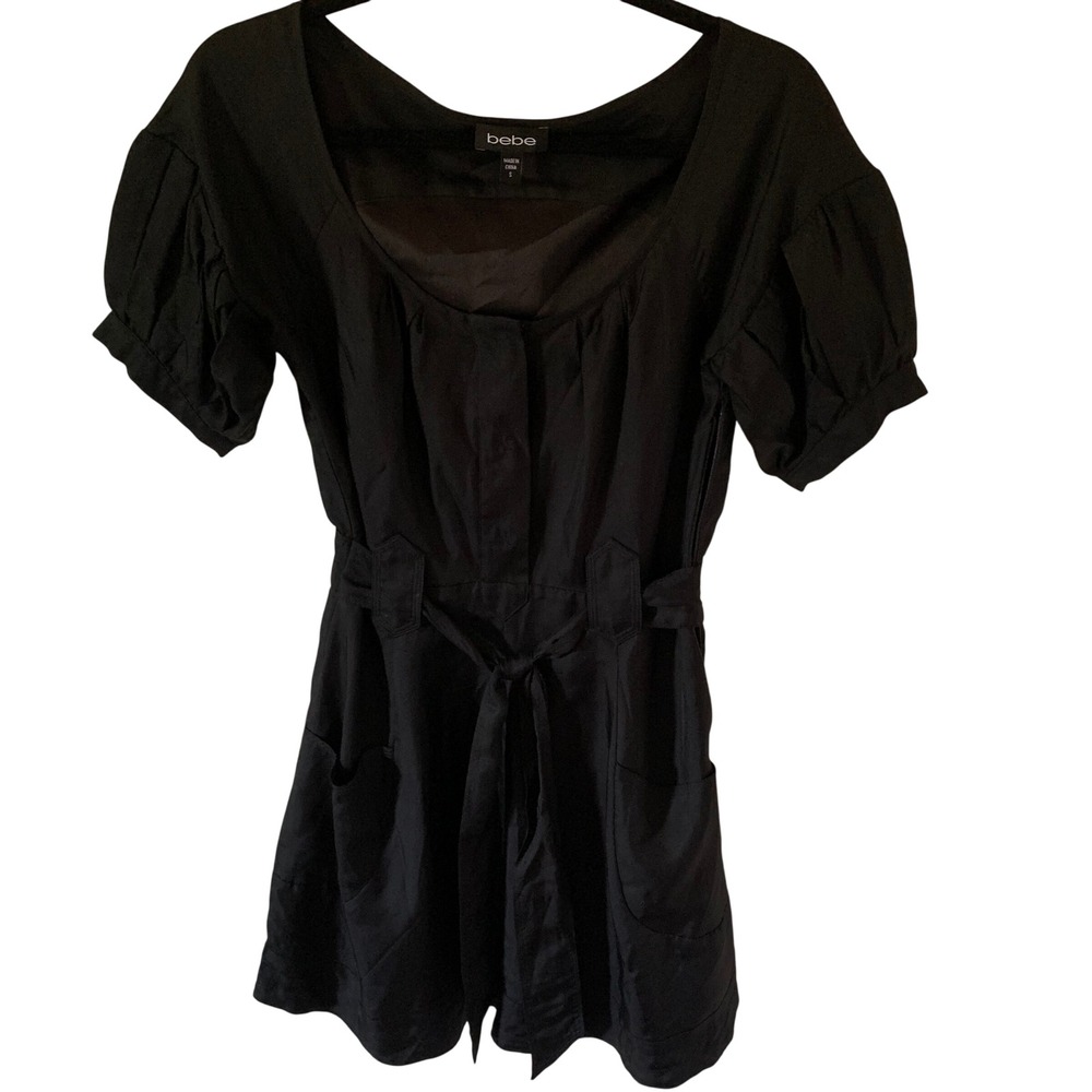 Bebe S Mini Dress Black 100% Silk Puff Sleeve Tie Waist Pocket Scoop Neck